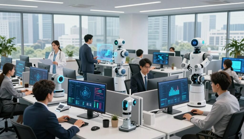 A modern office environment showcasing various sectors benefiting from automation, such as healthcare, finance, and logistics. In the foreground, a diverse group of professionals in business attire engage with advanced AI-driven devices and screens displaying data analytics. The middle ground features sleek workstations, robots assisting with tasks, and holographic interfaces. The background displays large windows with a city skyline and greenery, symbolizing growth and innovation. The lighting is bright and energetic, capturing a sense of productivity and optimism. Use a wide-angle lens to emphasize the collaborative atmosphere, and create a vibrant, futuristic mood that reflects the versatility of AI automation across industries.