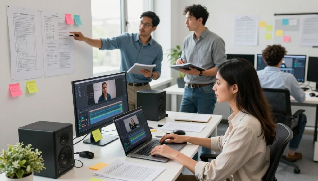 A modern office environment where a diverse group of professionals collaborates on preparing video content for AI dubbing. In the foreground, a focused woman in smart casual attire is editing a video on a laptop, surrounded by colorful sticky notes and drafting scripts. In the middle area, two colleagues discuss ideas, one pointing to a storyboard on the wall while the other makes notes. The background features a window with natural light streaming in, illuminating the workspace filled with state-of-the-art audio equipment and dual monitors displaying video editing software. The overall atmosphere conveys creativity and teamwork, with a clean, organized setting that emphasizes innovation in technology. Use bright, inviting lighting and a slightly elevated angle to capture the dynamic interaction among the team.