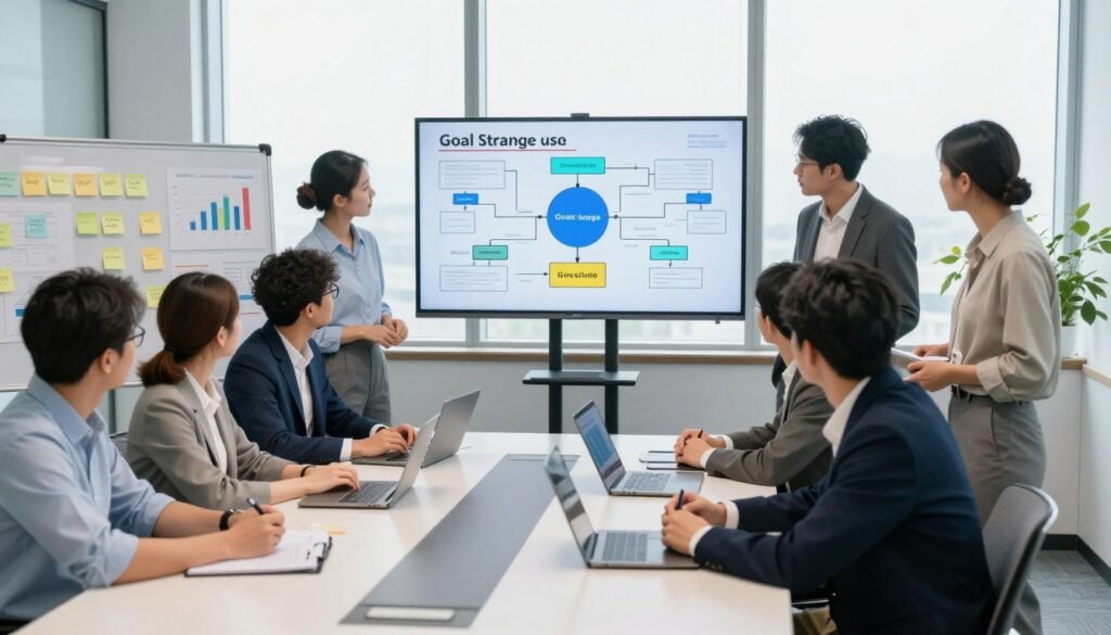 A modern office environment with a sleek conference table in the foreground, where a diverse group of professionals, dressed in business attire, are engaged in a brainstorming session. They are surrounded by sticky notes, charts, and digital devices displaying key performance indicators. In the middle ground, a large screen shows a visually striking flowchart depicting goal-setting strategies and optimization techniques. The backdrop features bright windows, allowing natural light to illuminate the room, creating an energetic atmosphere. The camera angle is slightly elevated, capturing the collaborative spirit and dynamics of the meeting, emphasizing teamwork and strategic planning. The mood is focused and inspiring, highlighting productivity and innovation.