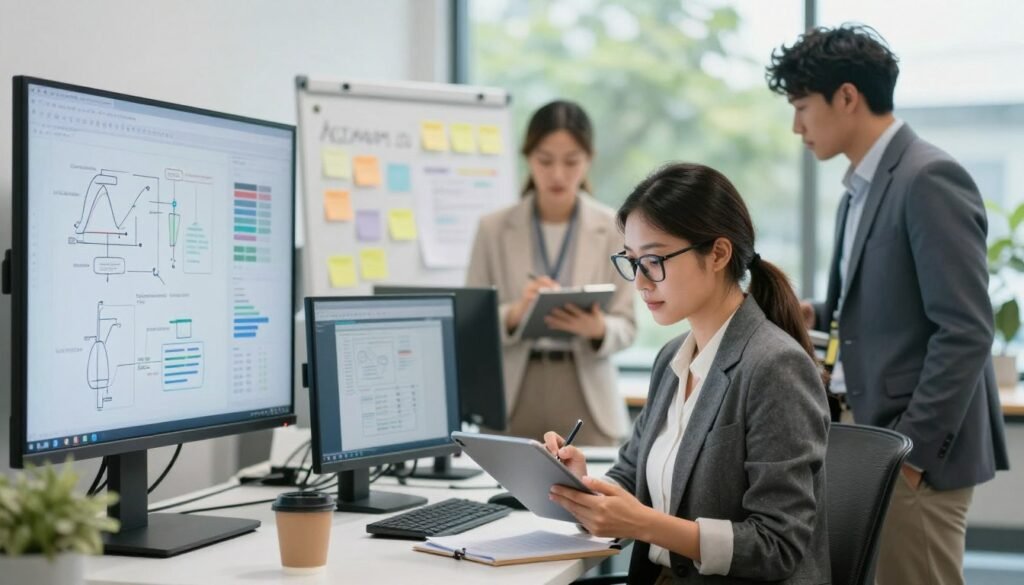 A modern office setting featuring a diverse group of professionals collaborating on a project. In the foreground, a focused woman with glasses, dressed in business casual, takes notes on a tablet while another professional in a smart blazer reviews a mockup displayed on a large screen. In the middle ground, a whiteboard filled with diagrams and sticky notes captures the brainstorming process, and a state-of-the-art computer setup with multiple monitors shows real-time feedback being exchanged. The background softly blurs with hints of greenery from outdoor windows, creating a fresh atmosphere. Utilize soft natural lighting to brighten the scene, emphasizing teamwork and communication. The overall mood is dynamic and engaging, showcasing the importance of real-time collaboration in an innovative workplace.