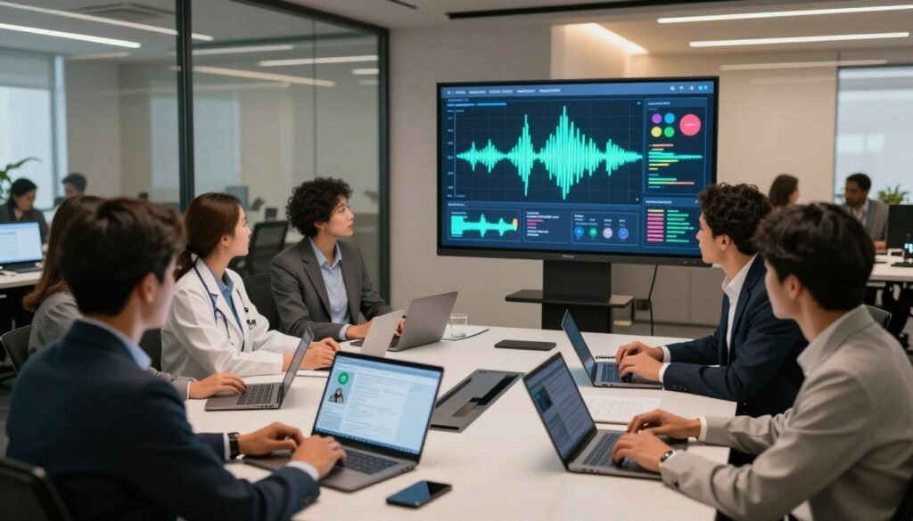 A modern office setting featuring various AI tools and vocal analysis applications actively in use across different industries. In the foreground, a diverse group of professionals, dressed in business attire, work collaboratively at a sleek conference table, analyzing data displayed on laptops and tablets. The middle ground showcases a large digital screen illustrating vocal waveforms and heat maps, highlighting the emotional analysis process. In the background, an open office space with glass walls reveals teams from healthcare, finance, and entertainment sectors, engaging in discussions. Soft, warm lighting enhances the atmosphere, creating a sense of innovation and collaboration. The angle captures the dynamic interaction between individuals and technology, emphasizing the transformative role of AI in vocal emotion recognition.