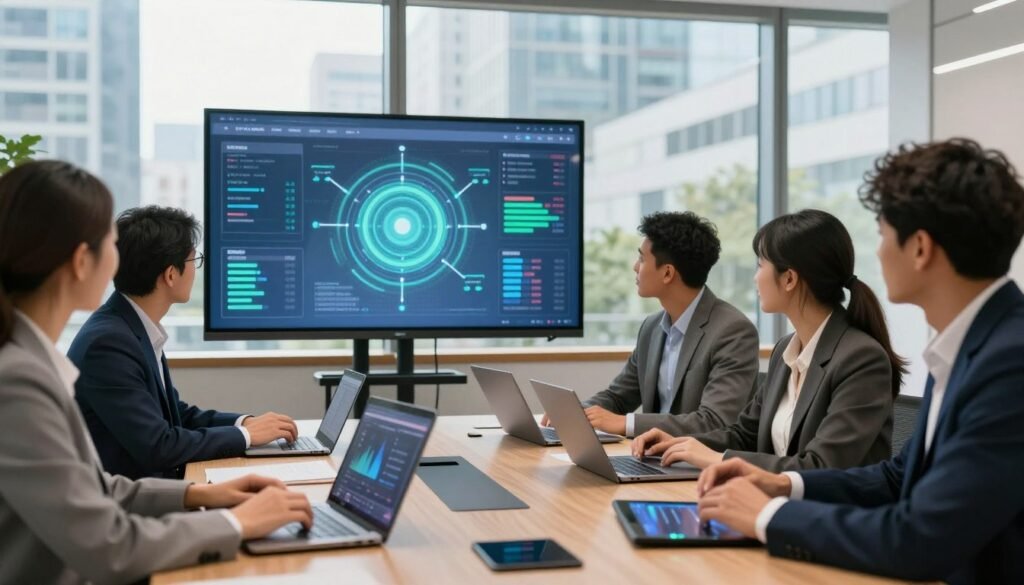 A modern office setting showcasing practical applications of AI voice technology. In the foreground, a diverse group of professionals in business attire are engaged around a conference table, animatedly discussing and utilizing voice AI tools on sleek laptops and digital tablets. The middle ground features a large digital screen displaying visualizations of voice data and interaction models, radiating soft blue and green light. In the background, cityscape windows reveal a bustling urban environment under bright daylight, enhancing the mood of innovation and collaboration. The overall atmosphere is dynamic and focused, with warm natural lighting emphasizing a sense of technological advancement and teamwork.