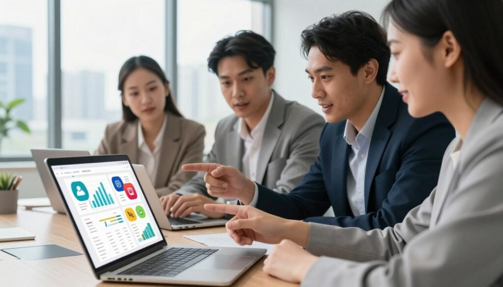 A modern office setting with a diverse group of three professionals collaborating around a table, showcasing their digital devices displaying social media platforms and analytics data. In the foreground, a focus on a laptop screen with vibrant graphs and social media icons. The middle layer features the three individuals. Two men and one woman, dressed in professional business attire, engaged in discussion, pointing at the laptop and exchanging ideas. The background reveals a large window with cityscape views, indicating a thriving digital environment. Soft, natural lighting fills the room, creating a bright and inviting atmosphere. The scene conveys a sense of teamwork and innovative thinking, capturing the essence of social media integration and digital presence in a corporate context.