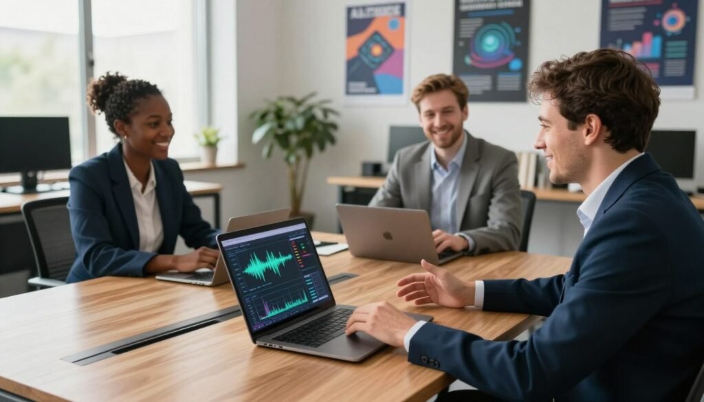 A modern office setting with a large wooden desk in the foreground, showcasing an open laptop displaying charts and audio waveforms related to AI-generated voice content. In the middle ground, there are three diverse professionals—two men and one woman—sitting at the desk, dressed in smart business attire, engaged in a discussion with smiles, symbolizing positive feedback. The background features a window with soft, natural light streaming in, illuminating motivational posters about innovation and technology on the walls. The overall atmosphere is dynamic and encouraging, emphasizing collaboration and satisfaction with the AI voice content technology. The angle is a high perspective, capturing the energy of the scene without any text or overlays.