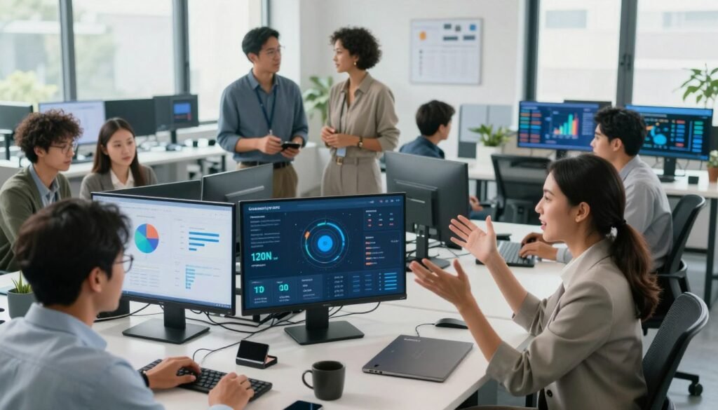 A modern office space bustling with activity, showcasing a team of diverse professionals working collaboratively around a large table filled with digital devices and innovative tech solutions. In the foreground, a woman in professional business attire gestures enthusiastically while analyzing a digital dashboard displaying impressive metrics on customer satisfaction and service optimization using AI-powered IVR systems. In the middle ground, a couple of colleagues discuss strategies, surrounded by screens displaying charts and graphs illustrating success stories. The background features large windows letting in natural light, enhancing the bright and optimistic atmosphere of innovation and success. The composition is shot from a slightly elevated angle, capturing the dynamic interaction and the purposeful work environment.