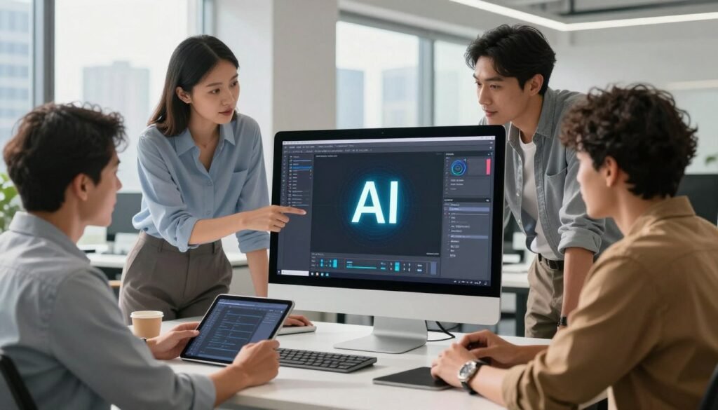 A modern office space showcasing a digital workspace with a computer screen displaying an advanced AI background removal tool in action. In the foreground, a diverse group of professionals—two men and one woman—dressed in smart casual attire, are examining the results on the screen with expressions of interest and collaboration. In the middle, the clean, sleek desk holds a tablet and a coffee cup, adding a touch of everyday work life. The background reveals a city skyline through large windows, accentuated by natural daylight pouring in, creating a bright and energetic atmosphere. The overall mood is one of innovation and teamwork, emphasizing the application of AI technology in real-world projects without any clutter or distractions.