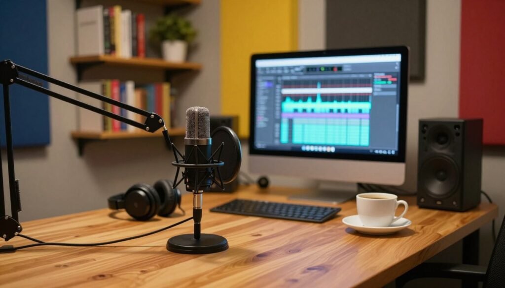 A modern podcasting studio set in a cozy, softly lit room. In the foreground, a sleek microphone sits on a polished wooden desk, surrounded by colorful soundproofing panels. In the middle, a well-organized workspace features audio editing software open on a computer screen, displaying waveforms and audio tracks. On the desk, headphones and a cup of coffee are strategically placed to suggest a creative atmosphere. In the background, shelves lined with books and a small plant add warmth to the scene. The lighting is warm and inviting, with a slight focus on the microphone to emphasize sound optimization. The mood is professional yet relaxed, reflecting an environment conducive to high-quality podcast production.