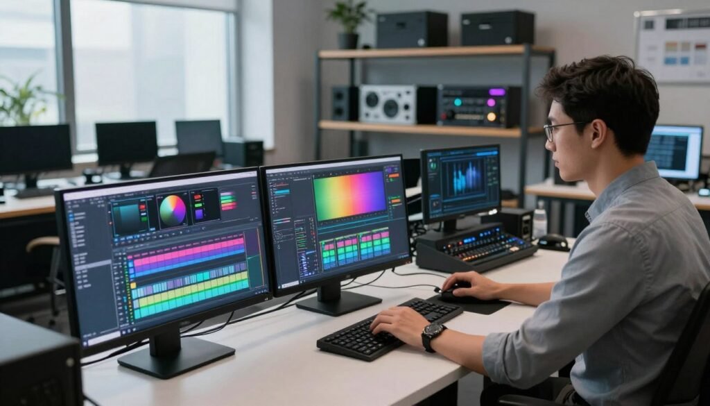 A modern post-production editing studio filled with advanced AI tools and technology. In the foreground, a computer workstation with dual monitors displaying editing software, vibrant color grading tools, and AI-driven effects. A professional editor in business attire is focused on the screens, adjusting settings with precision. In the middle, shelves lined with high-tech gadgets like video editing consoles and sound mixing equipment, creating a dynamic working environment. In the background, large windows let in soft, diffused natural light, enhancing the atmosphere of creativity and innovation. The overall mood is one of intensity and focus, showcasing the integration of AI in the cinematic editing process. The scene’s composition captures a blend of modernity and professionalism, emphasizing cutting-edge technology in film post-production.