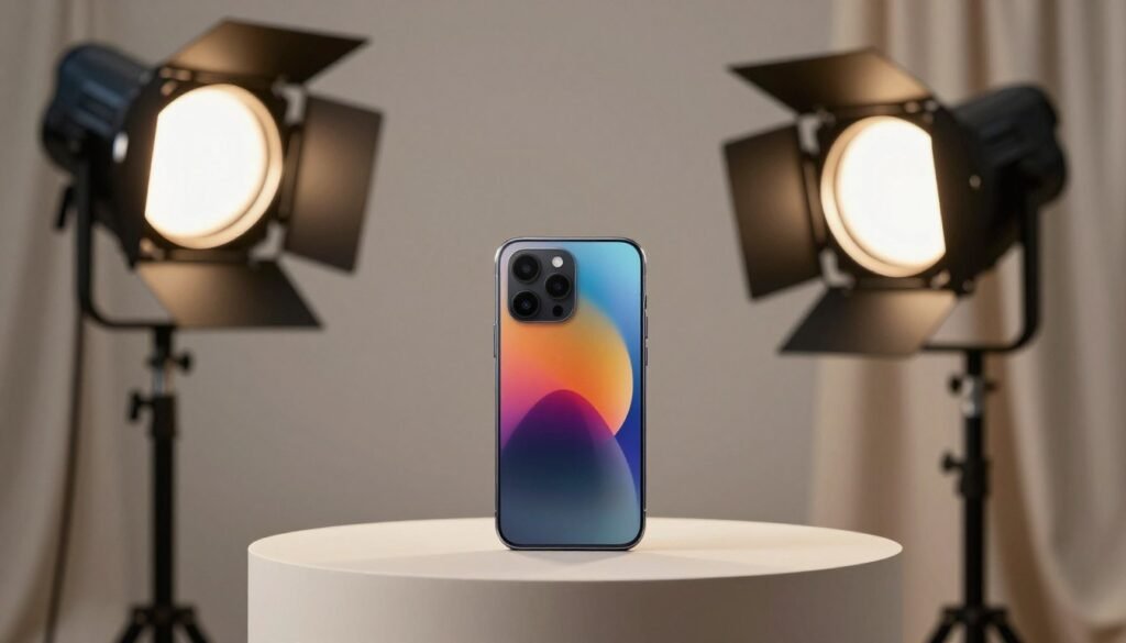 A modern product photography setup featuring a high-quality studio environment. In the foreground, a sleek, elegant product is showcased on a simple, light-colored pedestal to enhance its features, with a soft-focus effect highlighting the product's details. The middle ground features professional photography lights creating a balanced, soft illumination, reflecting off the product's surfaces, emphasizing texture and color vibrancy. A shallow depth of field is employed to draw focus to the product while softly blurring the background, which is subtly decorated with neutral fabric draping for a sophisticated touch. The overall mood is clean, professional, and inviting, ideal for showcasing high-quality images that illustrate advanced photographic techniques.