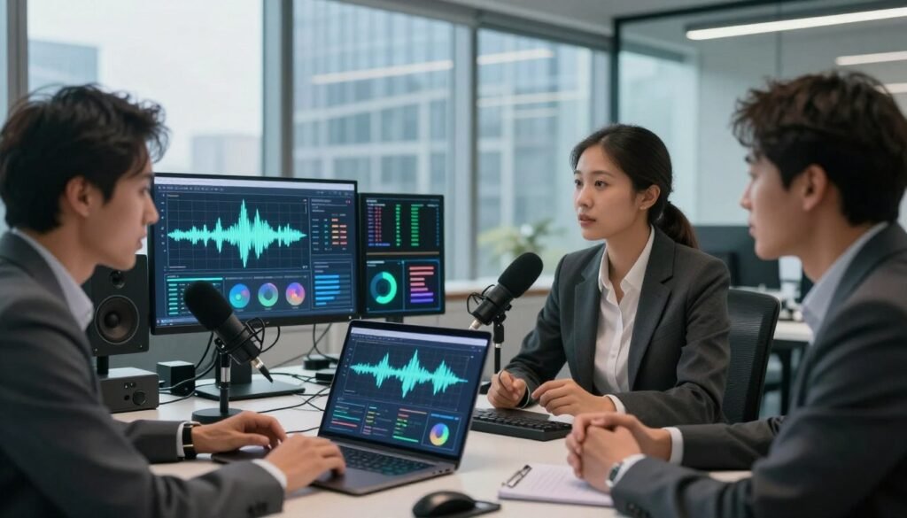 A modern, professional workspace featuring an array of advanced AI technology for vocal emotion analysis. In the foreground, a diverse group of three individuals in business attire are engaged in a collaborative discussion over a laptop displaying intricate sound wave graphs and emotion recognition interfaces. In the middle, a sleek table is cluttered with high-tech audio equipment, microphones, and visualizations of emotional data. The background showcases a high-rise office view with large windows letting in soft, natural light, emphasizing a calm yet innovative atmosphere. Soft ambient lighting creates a focused yet inviting mood, indicating the advanced nature of emotional control techniques in voice analysis using AI technology.