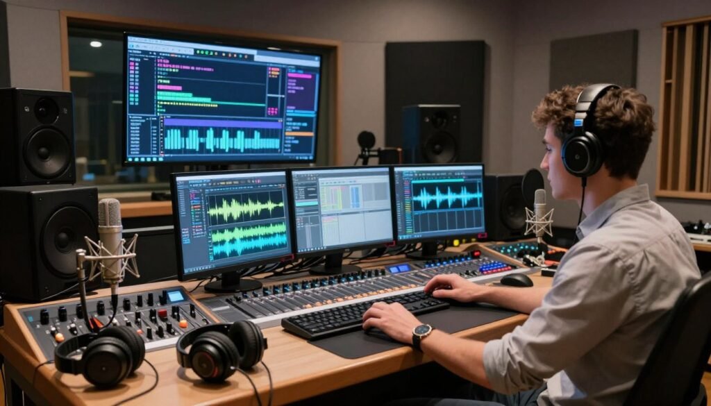 A modern recording studio filled with advanced technology for AI dubbing. In the foreground, a professional sound engineer, dressed in business casual attire, adjusts a digital audio workstation with vibrant waveforms displayed on multiple screens. In the middle, there are microphones and headphones arrayed around a sleek mixing console, with AI visualization graphics in the background showcasing real-time translation and dubbing processes. Soft, focused lighting illuminates the room, creating a high-tech, innovative atmosphere. The background includes shelves filled with voiceover equipment and soundproofing panels, emphasizing the cutting-edge nature of AI in video dubbing. The mood is dynamic and inspiring, reflecting the future of audiovisual production.