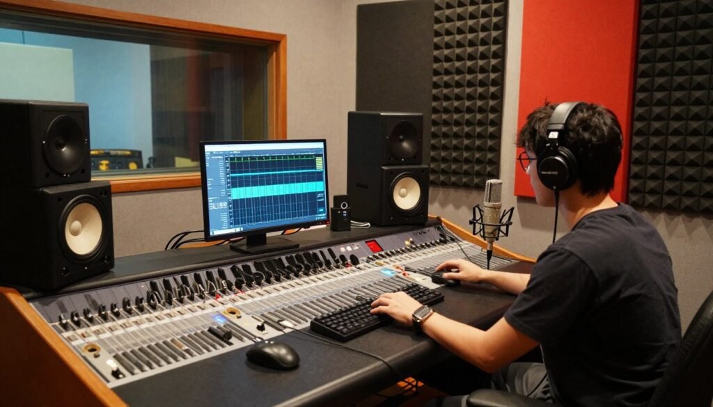 A modern recording studio filled with professional audio equipment, including microphones, headphones, and a digital audio workstation setup. In the foreground, a focused individual in smart casual attire adjusts the microphone while analyzing sound levels on a computer screen. In the middle ground, vibrant soundproofing panels and acoustic foam tiles line the walls, enhancing the studio’s atmosphere. The background features large windows allowing warm, natural light to filter in, creating an inviting and productive environment. The overall mood is one of concentration and creativity, with soft shadows highlighting the features of the space. Capture this scene from a slightly elevated angle to showcase the entire setup, focusing on the intricate details of the recording equipment and the focused expression of the person.