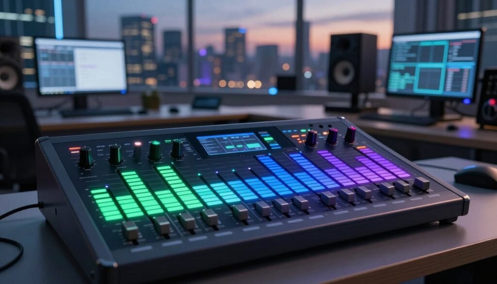 A modern, sleek digital audio equalizer interface showcasing intelligent features and automatic adjustments. In the foreground, vibrant equalizer sliders are animated, displaying fluctuating bars of various frequencies in a spectrum of colors including blue, green, and purple. The middle ground features a stylized workspace equipped with advanced monitors and sound equipment, conveying a professional audio environment. The background shows a futuristic city skyline at dusk, illuminated by soft, ambient lighting that enhances the technological ambiance. The scene should have a dynamic energy, with a slight glow emanating from the equalizer, creating an engaging mood that reflects innovation and automation in audio equalization. The focus should remain on the equalizer and workspace, with a high-resolution, sharp lens perspective capturing the intricacies of the digital interface.