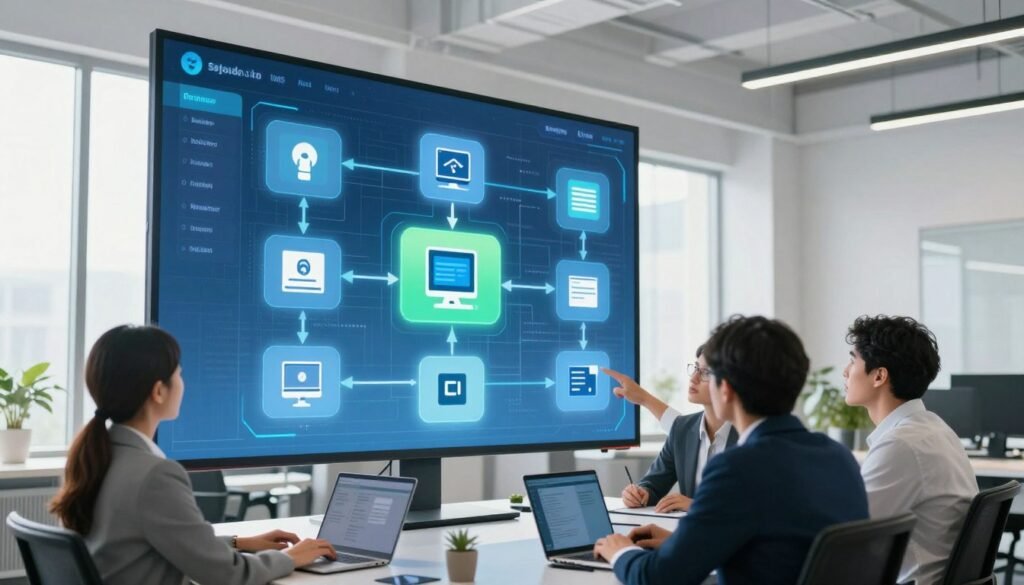 A modern, sleek office environment featuring a digital workspace showcasing a dynamic workflow integration platform. In the foreground, a diverse group of professionals, dressed in business attire, collaboratively discussing a flowchart on a large screen displaying various integrations. The middle layer includes floating icons and graphics representing different software tools and platforms, interconnected with arrows symbolizing workflow optimization. The background features a bright, minimalist office with large windows letting in natural light, promoting a productive atmosphere. The scene captures a sense of collaboration and innovation, with cool blue and green tones, emphasizing technology and efficiency. Angle the perspective slightly upward to give a sense of depth, creating a vibrant and engaging visual narrative.