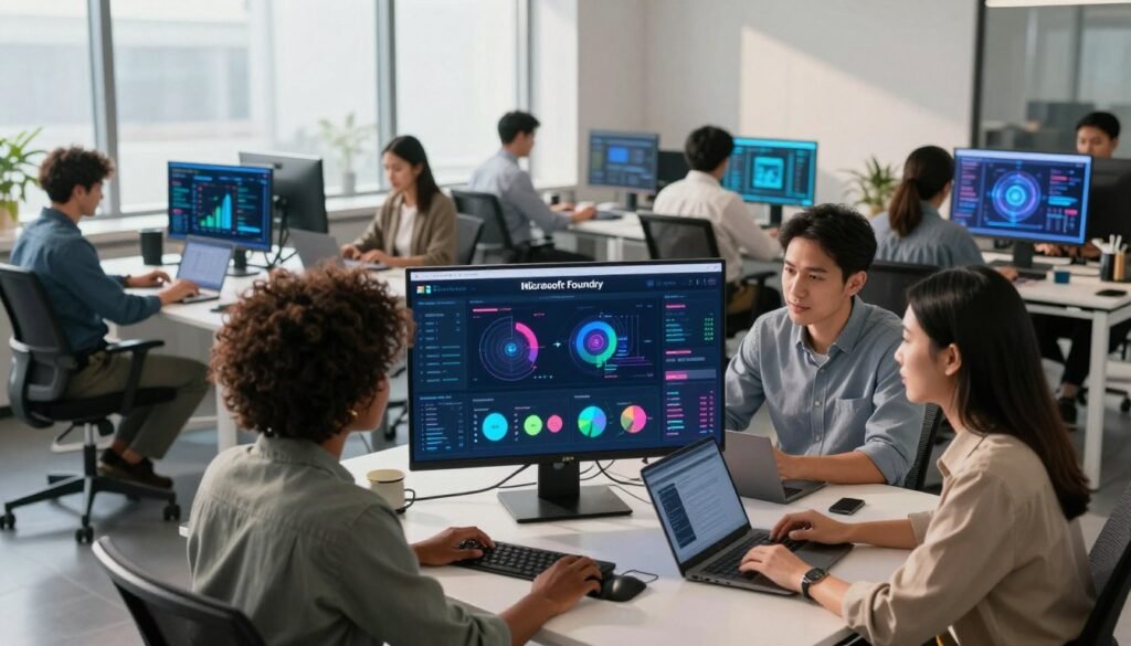 A modern, sleek office environment showcasing professionals working on the Microsoft Foundry portal. In the foreground, a diverse group of three individuals—one Black woman, one Hispanic man, and one Asian woman—are engaged in collaborative discussions over a large digital screen displaying vibrant graphs and AI model data. In the middle ground, other team members are focused on laptops, surrounded by high-tech gadgets and AI-related visual elements. The background features large windows letting in soft natural light, casting gentle shadows across the room, suggesting a productive and innovative atmosphere. The overall mood is dynamic and focused, emphasizing teamwork and advanced technology in voice model training. The image should not include any text or watermarks.
