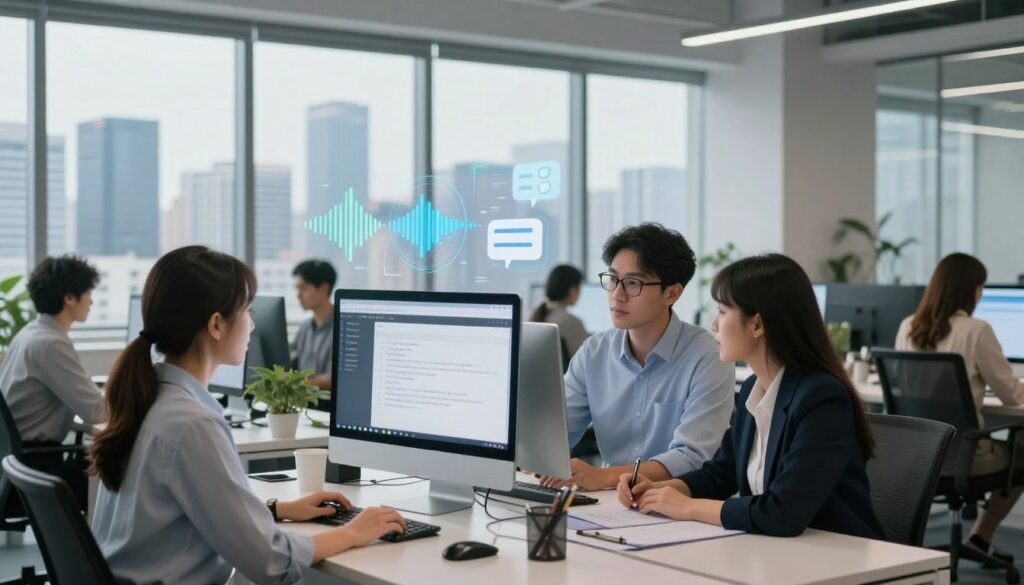 A modern, sleek office environment with a focus on technology and productivity. In the foreground, a diverse group of professionals—two women and a man—are collaborating around a high-tech workstation, clearly engaged in discussing text-to-speech software displayed on a computer screen. The middle ground features floating digital elements like sound waves and text icons symbolizing voice synthesis, highlighting the capabilities and benefits of AI-driven voice technology. In the background, a panoramic view of a bustling city skyline is visible through large windows, suggesting innovation and efficiency. Soft, natural lighting brightens the space, creating an uplifting and professional atmosphere, captured with a slightly elevated angle to emphasize teamwork and engagement.