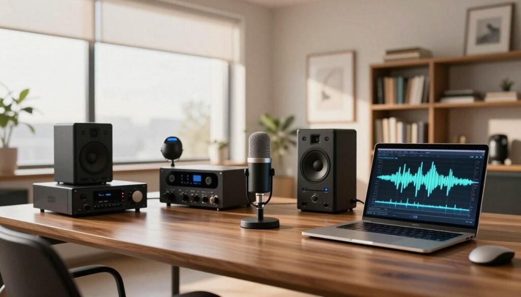 A modern, sleek workspace featuring an array of advanced voice cloning tools. In the foreground, a polished wooden desk showcases a high-tech microphone and a laptop displaying sound waveforms. In the middle, there are sophisticated audio processing devices and a bookshelf filled with literature on AI and voice technology. The background reveals large windows letting in soft, natural light, casting gentle shadows that create a serene atmosphere. The room is decorated with minimalist art, emphasizing innovation. The overall mood is focused and professional, inspiring creativity and technological advancement. The image should use warm lighting to evoke a sense of approachability and modernity, shot with a slightly wide-angle lens to capture the full depth of the workspace.