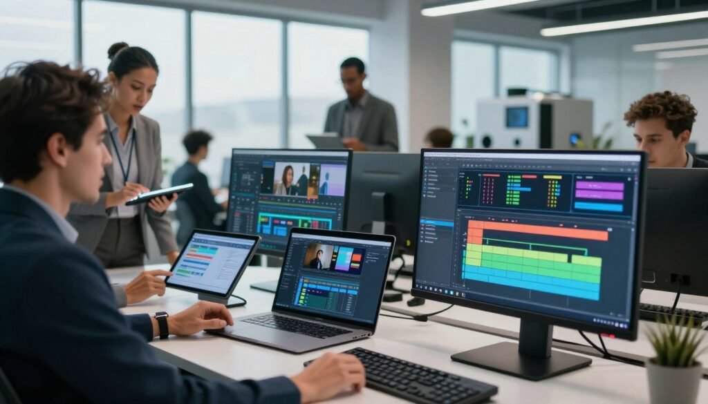 A modern, sleek workspace representing "workflow automation and distribution" in a professional video pipeline context. In the foreground, a high-tech computer monitor displays colorful graphs and workflow charts, symbolizing automation processes. To the left, a diverse group of professionals—two individuals in business attire, one female and one male, engaged in a discussion, analyzing data on tablets. In the middle, an open laptop with video editing software and various digital tools laid out. The background features a modern office with large windows, allowing natural light to flood in, creating an energetic atmosphere. Slightly blurred, sleek machinery and monitors showcase advanced technology. Capture this scene with a vibrant yet calming color palette, emphasizing innovation and collaboration, shot from a slightly lower angle to convey a sense of importance and focus.