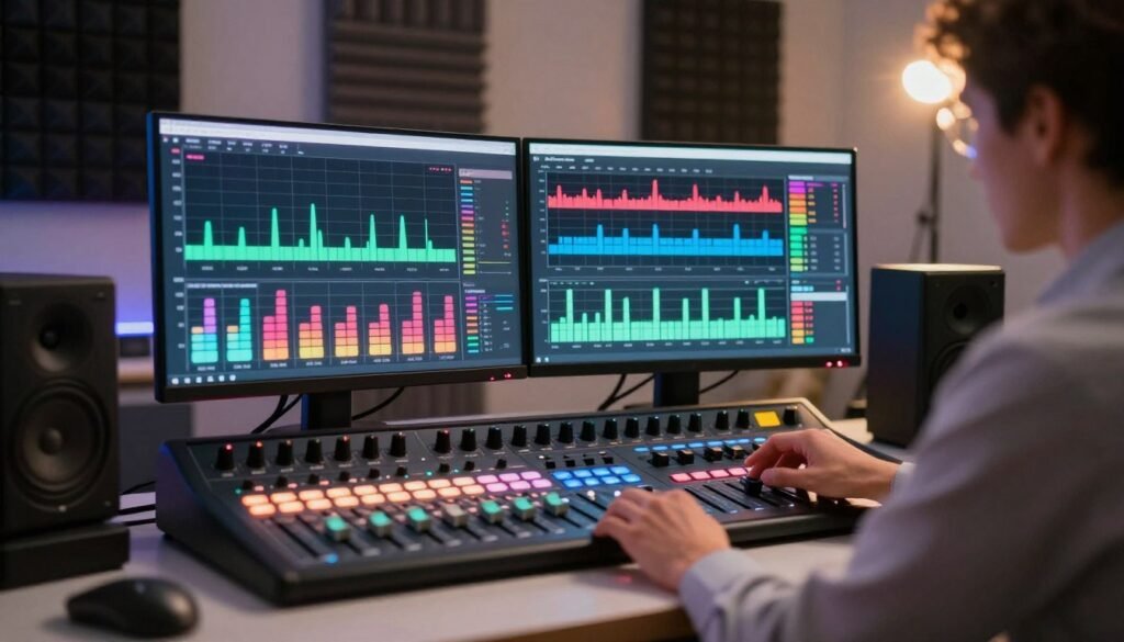 A modern, sleek workspace showcasing real-time audio equalization processes. In the foreground, a professional individual in business attire is intently adjusting a high-tech digital equalizer on a computer screen, with various colorful graphs and sound waves displayed. In the middle ground, a sophisticated sound mixing console features illuminated buttons and sliders, indicating active adjustments. The background is filled with soundproofing panels and soft ambient lighting, creating a focused yet creative atmosphere. A subtle lens flare from a nearby light adds a dynamic quality to the scene. The overall mood is vibrant and energetic, capturing the precision and artistry involved in real-time sound adjustments in an AI-driven environment.