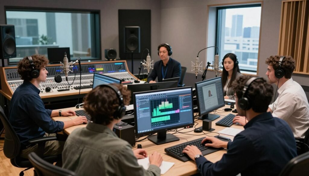 A modern sound studio showcasing practical applications of vocal separation using AI technology. In the foreground, a diverse group of professionals, dressed in smart business attire, collaborate around a digital audio workstation featuring advanced software interfaces displaying voice separation algorithms. The middle ground features high-quality microphones, audio equipment, and soundproofing panels, illustrating a state-of-the-art creative environment. In the background, large windows allow natural light to flood in, with a city skyline visible outside, enhancing the innovative atmosphere. The lighting is bright and inspiring, emphasizing focus and creativity, while a sense of professionalism and teamwork permeates the scene. Capture this moment from a slightly elevated angle to provide a comprehensive view of the workspace's dynamic and collaborative spirit.