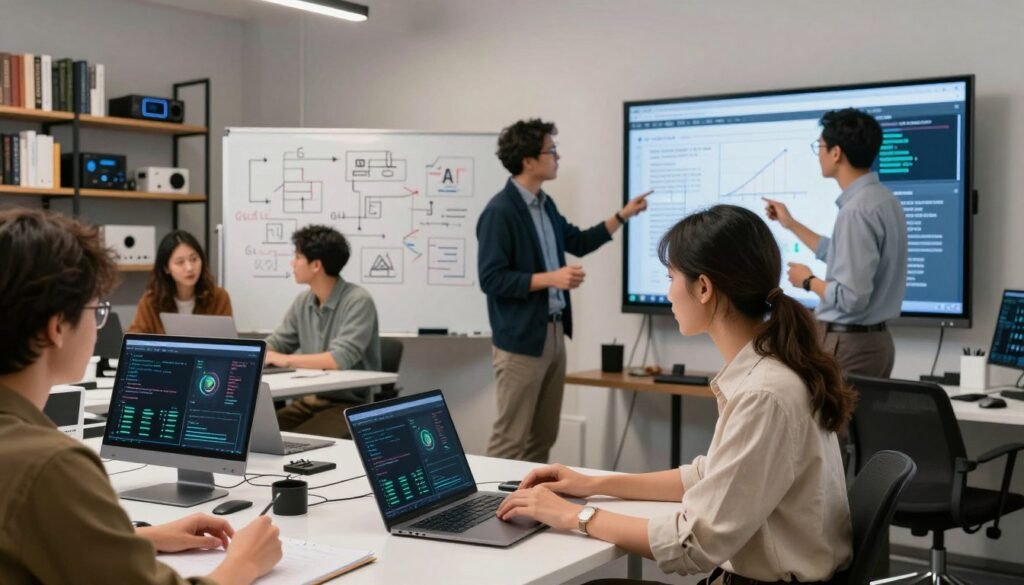 A modern tech workspace featuring a diverse group of professionals engaged in training custom AI models. In the foreground, a focused woman in smart casual attire is analyzing complex datasets on her laptop, while a man in business attire discusses graphs displayed on a large screen. In the middle ground, a brainstorming session takes place, showcasing whiteboards filled with diagrams and algorithms. The background reveals shelves lined with advanced technology books and AI hardware. The lighting is bright and ambient, creating a dynamic yet collaborative atmosphere. The angle captures the interaction and energy of teamwork in the creative process of building AI solutions, emphasizing professionalism and innovation without distractions.