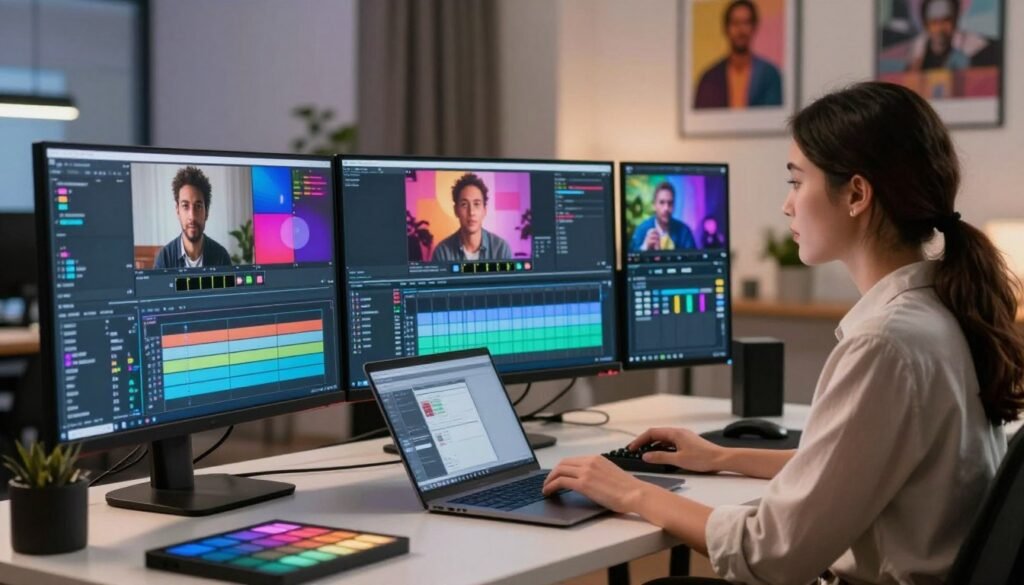 A modern video editing workspace featuring a focused female creative professional in business casual attire, surrounded by multiple monitors displaying vibrant, personalized audiovisual content. In the foreground, a sleek desk cluttered with editing tools, color palettes, and a laptop, while the middle layer reveals the monitors showcasing dynamic clips with varying styles and visual effects, each representing different audience preferences. The background hints at a cozy, well-lit studio environment with soft, ambient lighting and motivational posters on the walls. The atmosphere is inspiring and collaborative, emphasizing creativity and technological advancement in video editing, captured from an eye-level angle to create an immersive experience.