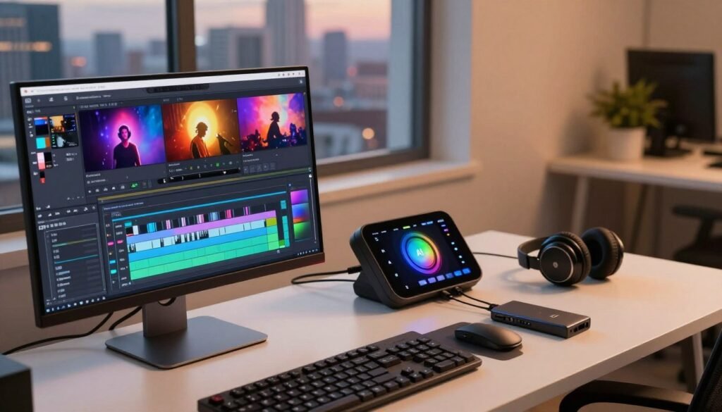 A modern video editing workspace featuring essential AI tools for professional video editing. In the foreground, a sleek computer monitor displays an editing software interface with vibrant color grading and AI features highlighted. Prominently placed are stylish video clips and a timeline filled with video layers. In the middle, an organized desk is scattered with high-tech gadgets like an AI-powered editing console, headphones, and an external drive, all illuminated by soft ambient lighting. In the background, a window shows a city skyline, suggesting creativity and inspiration. The mood is innovative and professional, capturing the essence of cutting-edge technology in video production. The lighting is warm and inviting, enhancing the focus on the tools and workspace without any distracting elements or text.