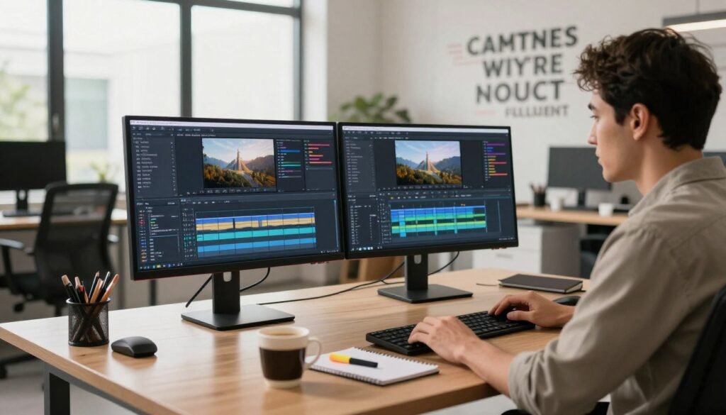 A modern video editing workspace with a sleek, ergonomic desk featuring dual monitors displaying editing software, surrounded by tools for efficiency. In the foreground, a professional editor in smart casual attire is focused on the screens, manipulating clips using AI tools, with images of graphs and timelines visible. In the middle ground, a well-organized desk with a notepad, highlighter, and a cup of coffee adds a touch of productivity. The background reveals a bright, contemporary office with natural light streaming through large windows, highlighting a wall filled with inspirational quotes about creativity and efficiency. The atmosphere is one of concentration and innovation, with warm lighting enhancing the feeling of a productive work environment.