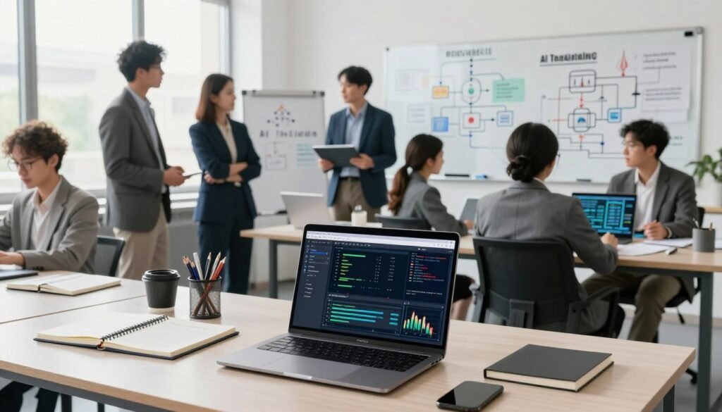 A modern, well-organized workspace filled with various training tools and resources for AI model development. In the foreground, a sleek laptop displays data analytics and model training graphs, surrounded by notebooks and tech gadgets. The middle layer features a diverse group of professionals in smart business attire, engaged in collaborative discussions about AI training techniques, with one holding a tablet showcasing visual data. In the background, a whiteboard is covered with diagrams and flowcharts related to machine learning. The room is brightly lit with natural light streaming through large windows, creating a focused and creative atmosphere. The overall mood is one of innovation, teamwork, and technological advancement, perfect for illustrating the recommended tools and resources for AI model training.