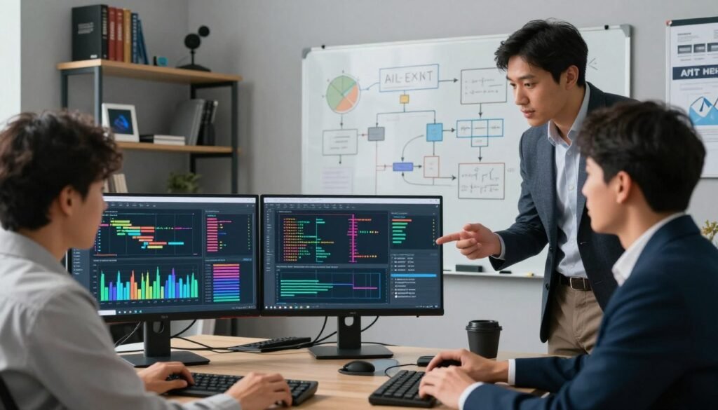 A modern workspace dedicated to optimizing machine learning training models, showcasing a sophisticated computer setup with dual monitors displaying intricate graphs and training algorithms in vibrant colors. In the foreground, a diverse group of three professionals in smart business attire—two men and one woman—collaboratively discuss optimization strategies with focused expressions. In the middle ground, a whiteboard filled with diagrams and flowcharts illustrating problem-solving techniques during training sessions. The background features a well-organized shelf with AI-themed books and tech gadgets, creating a high-tech atmosphere. Soft, diffused lighting enhances the collaborative mood, while a slight camera angle emphasizes the dynamic interaction between the professionals, inviting the viewer into the scene.