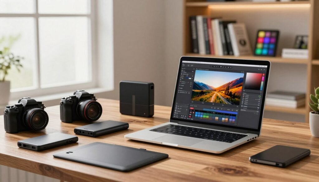 A modern workspace depicting a variety of image optimization tools. In the foreground, a sleek laptop displays a vibrant photo editing software interface, showcasing enhanced images with sliders and options for resolution adjustments. Beside it, an array of tools including a high-quality camera, external hard drives, and graphic tablets, neatly arranged on a polished wooden desk. In the middle background, a softly lit shelf filled with photography books and color calibration tools, suggesting a creative atmosphere. Gentle natural light streams in from a large window, casting soft shadows, creating a productive and inspiring mood. The overall feel is professional, organized, and inviting, perfect for showcasing the concept of enhancing image quality through technology.