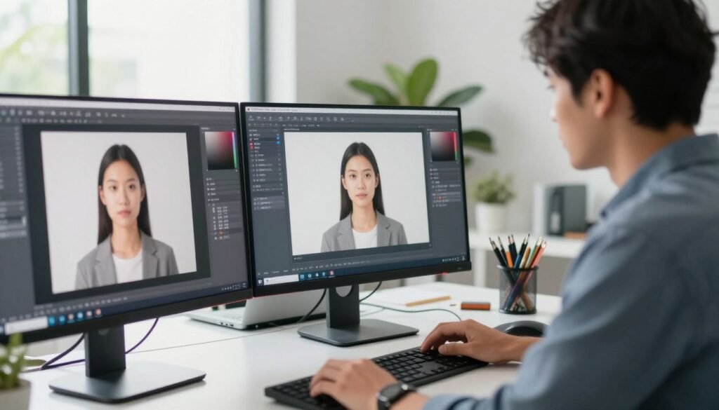 A modern workspace featuring a professional, focused individual analyzing images on a dual-screen computer setup, highlighting the potential of background removal technology. The foreground includes a close-up of the computer screens displaying before-and-after images of background elimination. In the middle ground, the individual, dressed in smart casual attire, is engaged in the process, using software tools designed for this purpose. The background features a well-organized desk with design tools, plants, and soft natural lighting coming from a large window, creating a bright and inspiring atmosphere. The image captures a sense of innovation and productivity, with a clean and polished aesthetic, emphasizing the tips for maximizing background removal efficiency.