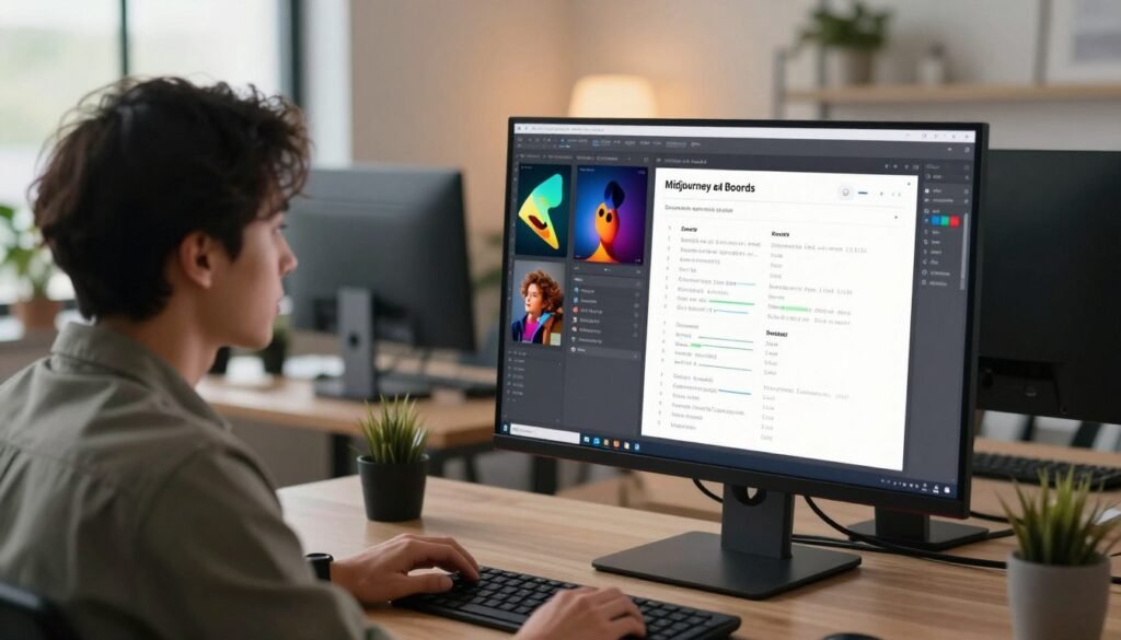 A modern workspace featuring a sleek computer setup displaying the interface of image generation platforms, Midjourney and Boords, with visual diagrams illustrating the parameters and syntax of seed usage. In the foreground, a professional user in smart casual attire analyzes the screen, focused and engaged. The middle ground showcases a high-resolution monitor with colorful images generated by AI, highlighting the technical details of seed manipulation. In the background, a well-organized office setting with soft ambient lighting provides a warm and productive atmosphere. The lens captures a slightly tilted angle to add depth, while natural light filters through a large window, creating an inspiring environment for creativity and innovation in AI image generation.