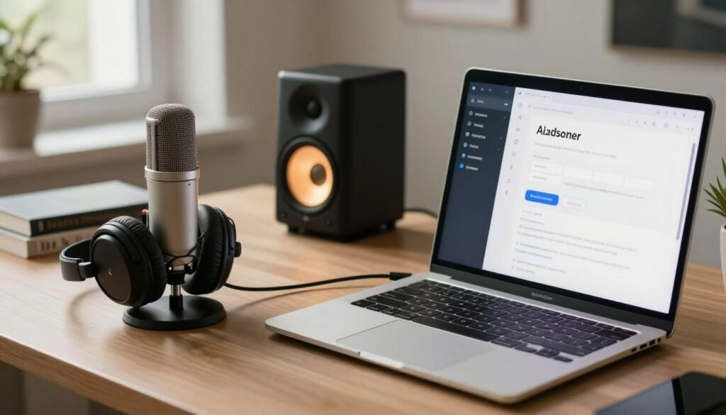 A modern workspace featuring a sleek desktop setup focused on text-to-speech technology. In the foreground, a high-tech microphone and headphones sit beside an open laptop displaying an intuitive user interface for voice generation. The middle ground includes a glowing speaker, visually indicating audio output. The background showcases a soft-focus on books and digital devices, emphasizing a professional environment. Natural light streams through a window, creating a warm, inviting atmosphere. The scene is framed from a slightly elevated angle to highlight the tools and technology involved in AI voice generation. The mood is innovative and inspiring, reflecting the advancements in artificial intelligence for voice production.