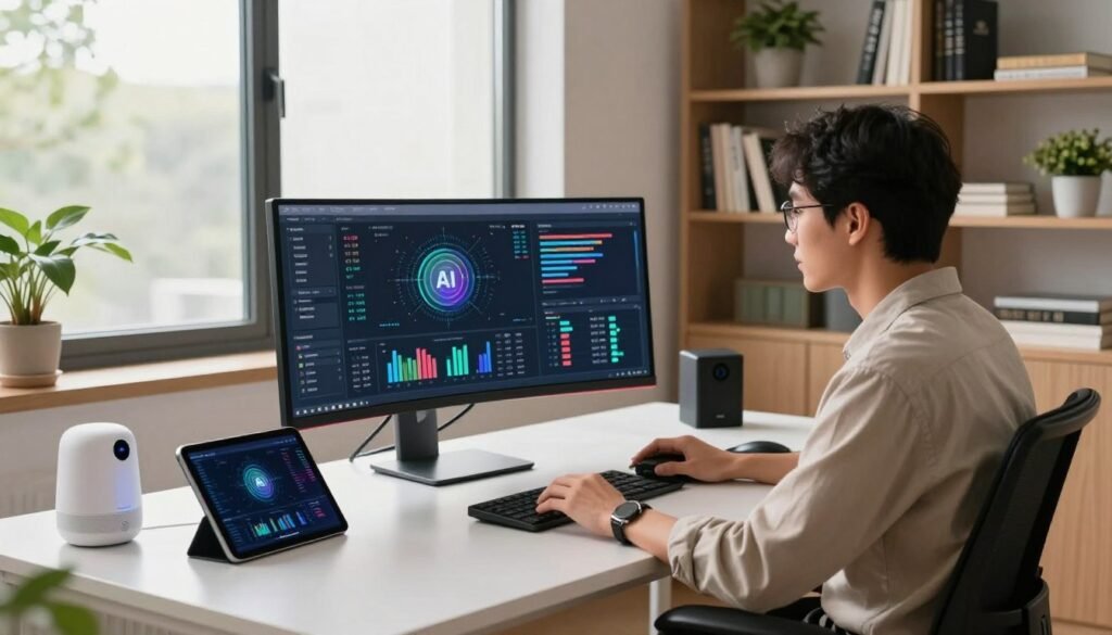 A modern workspace featuring a sleek, high-tech setup for AI tools. In the foreground, a professional individual in smart casual attire sits at a stylish desk, intently analyzing data on a large, curved monitor displaying vibrant visualizations of AI configurations. To the left, an array of innovative gadgets and devices, including a tablet and smart assistants, are neatly arranged. The middle ground reveals a large window with natural light streaming in, illuminating the space without harsh shadows. In the background, bookshelves filled with technical books and a few potted plants create a balanced, inviting atmosphere. The scene conveys a mood of creativity and focus, perfect for exploring AI technology. Soft, warm lighting enhances the professional yet relaxed vibe.