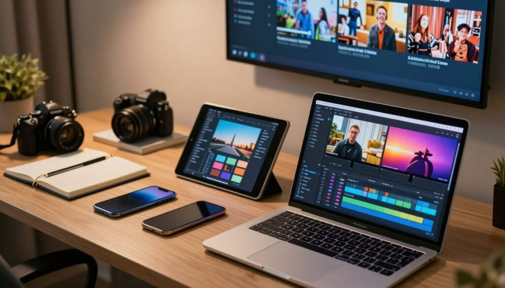 A modern workspace featuring a variety of digital tools and platforms used for video generation. In the foreground, display a sleek laptop opened to a colorful video editing software interface, with a storyboard visible. To the side, place a tablet showcasing a user interface for animation creation. In the middle ground, add an organized workspace with notebooks, a smartphone, and a high-end camera, all with soft reflections from overhead lighting. In the background, a wall-mounted screen displays a visually engaging trailer preview. Use warm lighting for a professional yet inviting atmosphere, shot from a slightly elevated angle to showcase depth and focus on the tools of creativity. The overall mood should be one of innovation and inspiration, ideal for content creators.