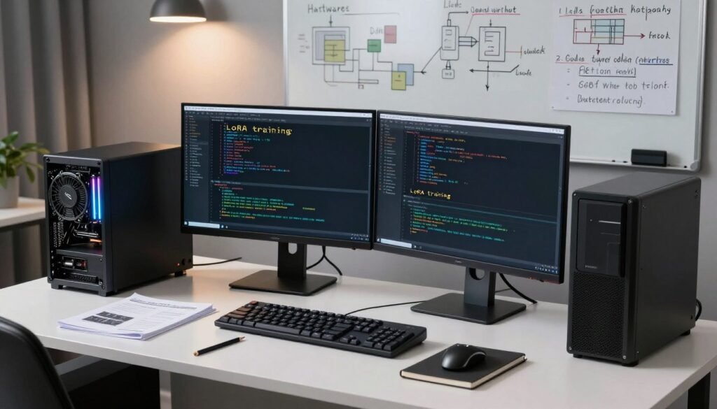A modern workspace featuring an advanced computer setup for AI training. In the foreground, a sleek desktop with dual monitors displaying code and diagrams related to "LoRA training." A high-performance GPU is visible next to the tower, showcasing its powerful specifications. The middle ground features an organized desk with technical manuals, a notebook, and tools that indicate preparation for software configuration. In the background, a wall-mounted whiteboard is filled with diagrams and notes about hardware and software requirements, illuminated by soft overhead lighting that creates a focused atmosphere. The overall mood is technical and professional, conveying a sense of innovation and readiness for AI development.