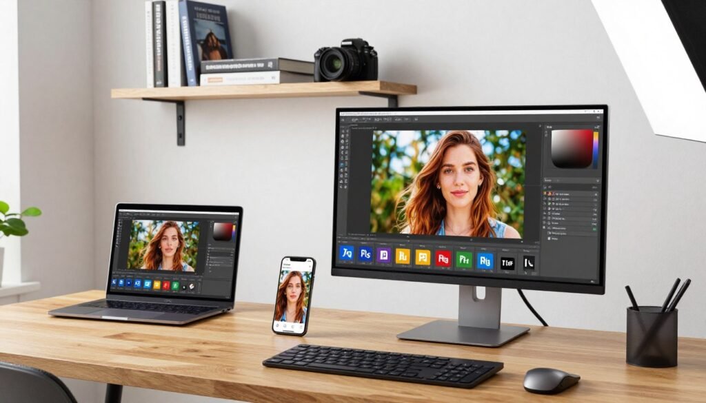 A modern workspace featuring an array of photo editing tools displayed on a sleek wooden desk. In the foreground, a high-resolution monitor shows a side-by-side comparison of an image being upscaled, highlighting details in vibrant colors. Beside it, various popular file formats like JPEG, PNG, and TIFF are depicted as icons. The middle ground includes a laptop with editing software open, and a smartphone showing a before-and-after photo of improved image quality. In the background, a wall-mounted shelf contains photography books and tools like a high-quality camera and a light source, creating a neat and organized environment. The lighting is bright and natural, emphasizing the clarity and detail of the images, while the overall mood is professional and inspiring.