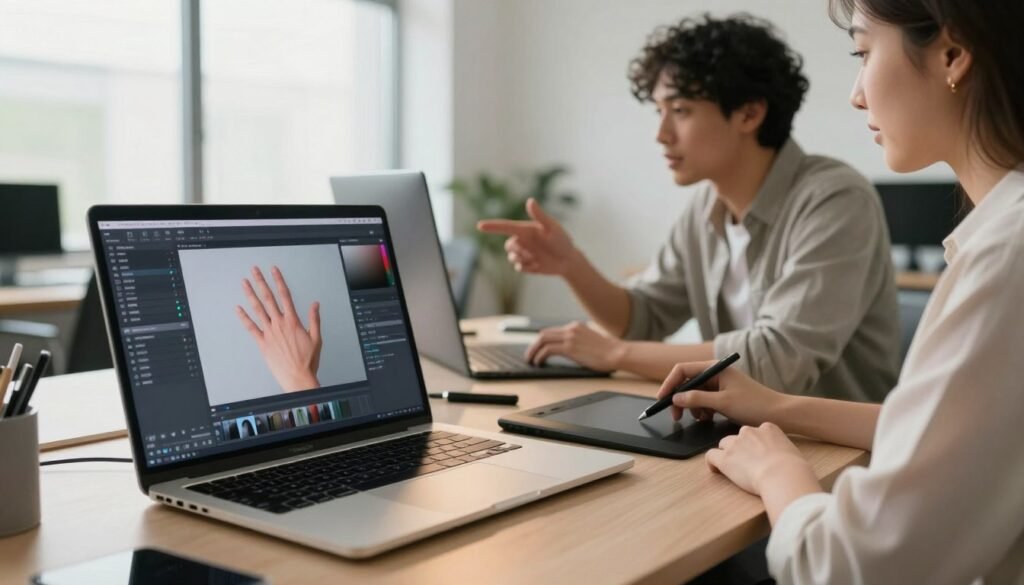 A modern workspace featuring cutting-edge AI image editing tools. In the foreground, a sleek laptop displays an interface showing hand correction features, illuminated by soft, warm lighting. Scattered around are professional editing accessories, like a graphics tablet and a stylus, suggesting an organized and creative atmosphere. In the middle ground, a designer in modest business attire works intently, gesturing towards the screen with focused expression. The background reveals a bright, minimalist office with large windows letting in natural light, enhancing the sense of innovation and productivity. The overall mood is one of inspiration and high-tech efficiency, emphasizing the transformative power of AI in image editing.