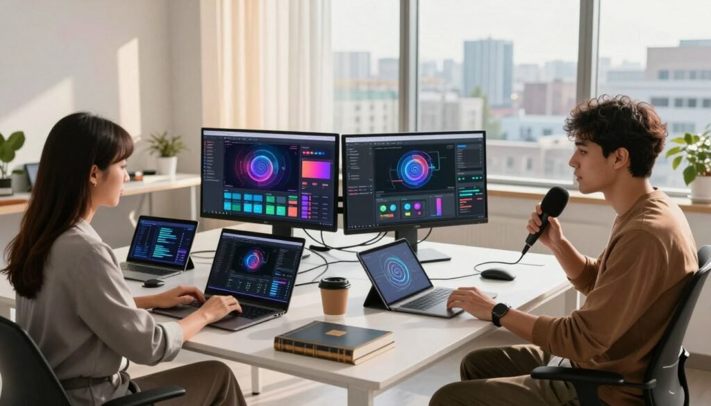 A modern workspace featuring diverse content creators using artificial intelligence tools. In the foreground, a woman in professional business attire is analyzing data on her laptop, while a man in smart casual clothing speaks into a microphone connected to a computer. In the middle ground, a sleek desk filled with gadgets like tablets, books, and AI interfaces, surrounded by vibrant digital screens displaying content creation analytics. The background showcases large windows with a cityscape view, bathed in warm sunlight filtering through sheer curtains. The overall atmosphere is innovative and collaborative, conveying a sense of focus and creativity in a tech-driven environment. The angle captures the dynamic interaction between technology and content creation, emphasizing the professional context without any clutter or distractions.