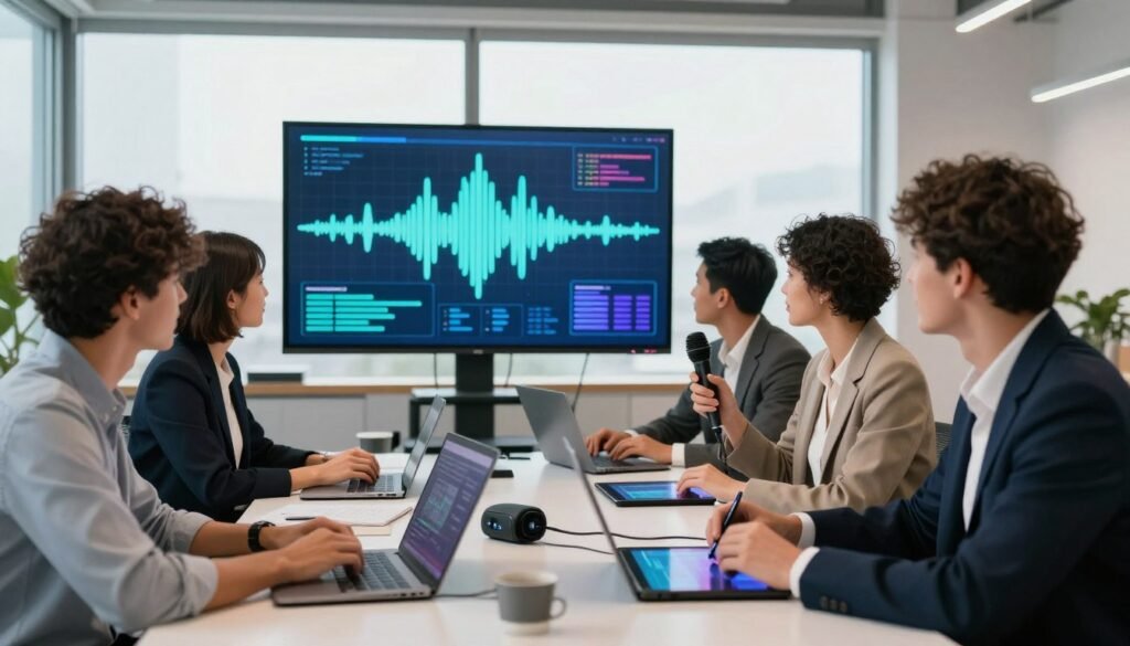 A modern workspace filled with creative energy, showcasing the concept of artificial intelligence voice generation. In the foreground, a diverse group of professionals, dressed in smart business attire, collaborate around a sleek table with laptops and digital tablets. One person holds a microphone connected to an AI voice generator, illustrating the technology's application in various creative projects. In the middle ground, a large screen displays vibrant visualizations of sound waves and data patterns, reflecting the innovative use of voice AI in creative fields. The background features a bright, airy office with large windows, allowing natural light to flood the space. The atmosphere is dynamic and inspiring, evoking a sense of creativity and technological advancement. Use soft lighting with a focus on the collaboration, blending warmth and modernity in the composition.