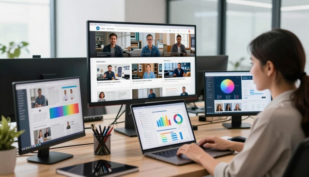 A modern workspace filled with diverse digital devices displaying various content formats, such as videos, blog posts, and social media feeds. In the foreground, a professional woman in smart casual attire analyzes analytics on a laptop, surrounded by colorful graphs and charts. The middle ground features a large screen displaying optimized video thumbnails and metadata for different platforms, showcasing responsiveness to device types. The background includes a stylish office with large windows allowing natural light to pour in, creating a bright and productive atmosphere. The mood is dynamic and focused, highlighting the importance of content optimization for audience engagement across platforms, with a slight depth of field effect emphasizing the foreground action.