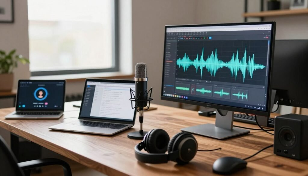 A modern workspace filled with sophisticated voice synthesis tools and platforms. In the foreground, a sleek computer monitor displays audio waveform visualizations, showcasing a voice synthesis software interface. Beside it, a high-quality microphone and a set of professional headphones rest on a polished wooden desk. The middle ground reveals various gadgets, including tablets and laptops, all highlighting different voice synthesis applications. In the background, a large window allows natural light to flood the room, casting a warm glow and creating an inviting atmosphere. The scene is shot from a slight angle, emphasizing the technology while keeping the focus on the tools of voice performance. The mood is innovative and inspiring, ideal for showcasing the future of voice acting in AI.