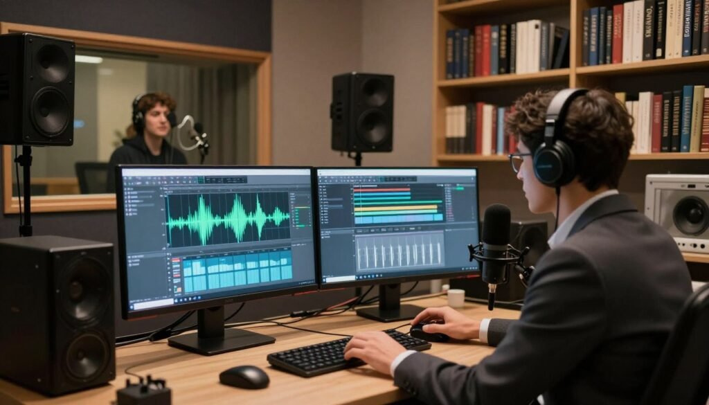 A modern workspace focused on voice model training, featuring a sleek computer setup with multiple monitors displaying audio analysis software and waveforms. In the foreground, a professional wearing business attire is interacting with the technology, adjusting settings on a microphone. The middle ground showcases a soundproof booth with equipment for voice recording, illuminated by soft, warm lighting that creates an inviting atmosphere. In the background, shelves are filled with books on artificial intelligence and audio engineering, enhancing the educational vibe. The overall mood is innovative and focused, highlighting the excitement of advancing voice technology in a tech-savvy environment, captured from a slight angle to reveal depth and activity within the space.