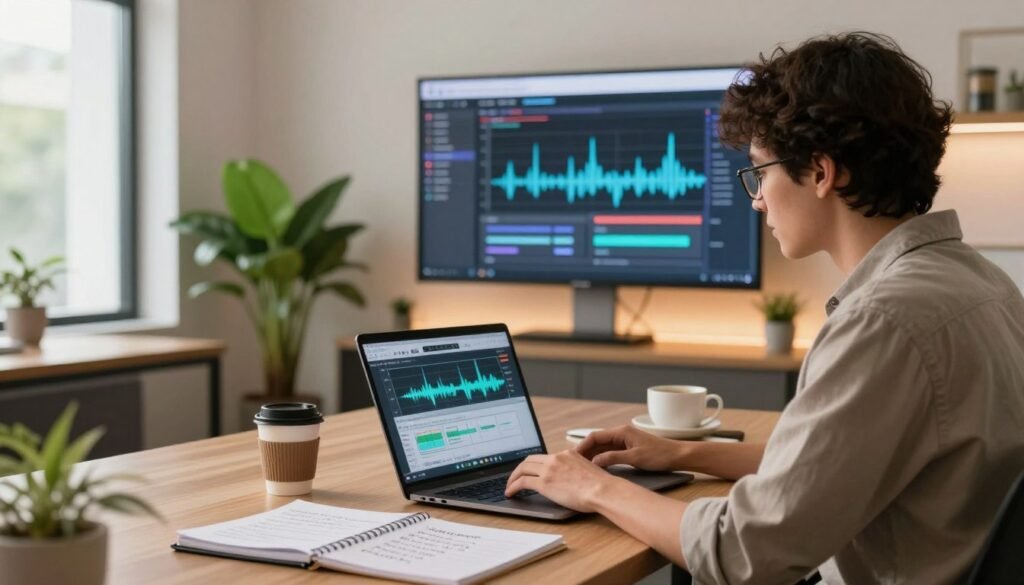 A modern workspace focusing on the optimization of podcast translation quality. In the foreground, a professional individual wearing smart casual attire is intently reviewing audio waveforms on a laptop, surrounded by notebooks filled with notes and language charts. The middle ground features a vibrant green plant and a coffee cup, symbolizing creative energy and concentration. In the background, a large wall-mounted screen displays translated podcast snippets with graphs showing accuracy metrics, illuminated by soft, warm lighting. The room has a calming atmosphere, with large windows allowing natural light to filter in, enhancing the sense of productivity and innovation. The overall mood is focused and inspiring, reflecting the advanced use of artificial intelligence in enhancing translation quality.