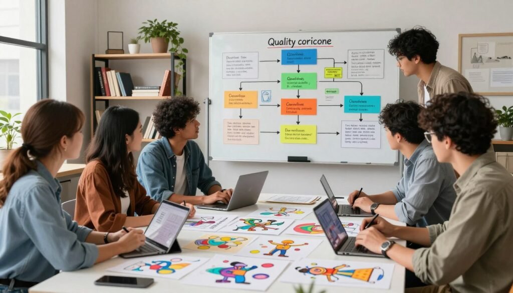 A modern workspace setting dedicated to design and branding. In the foreground, a diverse group of professional designers, dressed in smart casual attire, collaborate around a sleek table filled with colorful character design sketches and digital tablets. In the middle, a large whiteboard displays flowcharts and design principles, vibrant colors highlighting key concepts like quality and consistency. The background features shelves with design books and plants, creating a creative atmosphere. Soft, natural lighting filters through large windows, adding warmth to the scene. The overall mood is dynamic and inspiring, reflecting collaboration, innovation, and a focus on maximizing design quality.