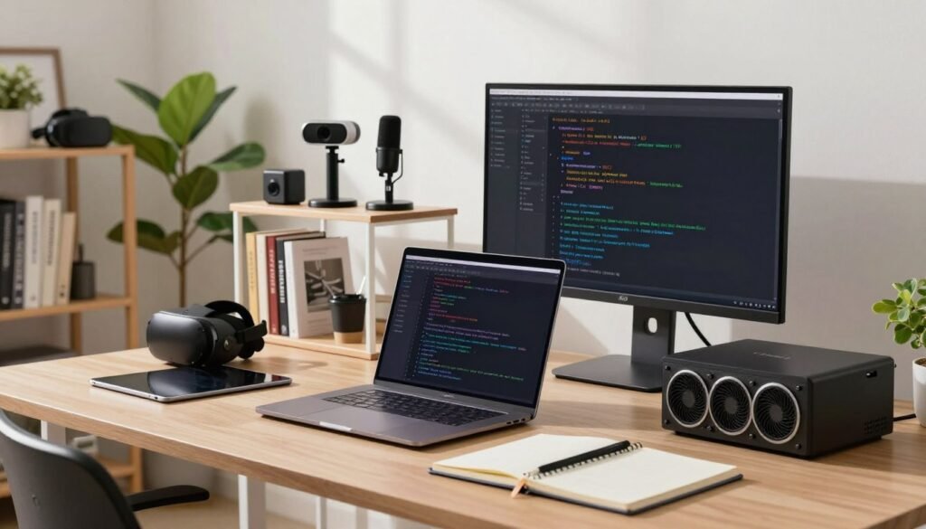 A modern workspace setup showcasing the configuration of tools for AI image training. In the foreground, a sleek desk with a high-end laptop, external monitor displaying code, and an advanced GPU station. A tablet with stylus and a notebook are neatly arranged on the side. In the middle ground, a well-organized shelf holding AI-related books and tools like a webcam, microphone, and VR headset. The background features a large window allowing natural light to flood the room, illuminating a green indoor plant for a touch of nature. The atmosphere is focused and innovative, emphasizing a professional and tech-savvy environment with a soft, warm color palette. The scene is captured with a shallow depth of field, highlighting the workspace while gently blurring the peripheral elements.