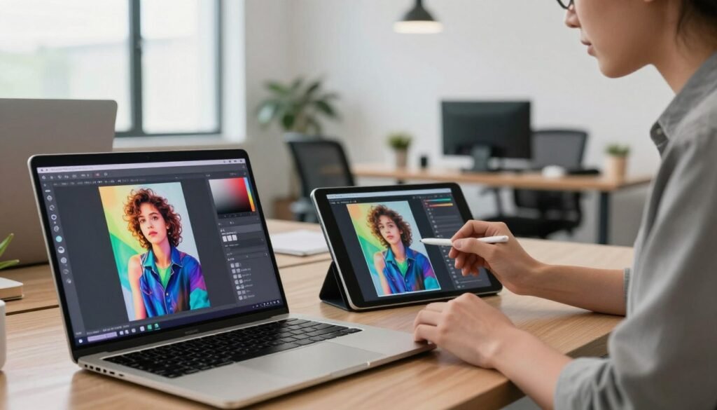 A modern workspace showcasing AI inpainting software tools. In the foreground, a sleek laptop open to an interface displaying an inpainting software with vibrant images being edited. Beside it, a tablet showing before-and-after comparison shots of an image enhancement. In the middle, a professional individual in smart casual attire is thoughtfully using a stylus, engaging with the interface. The background features a contemporary office with a large window allowing soft, natural light to illuminate the space. The atmosphere is productive and innovative, reflecting a sense of cutting-edge technology and creativity in digital art. The focus is on the harmonious interaction between technology and the user.