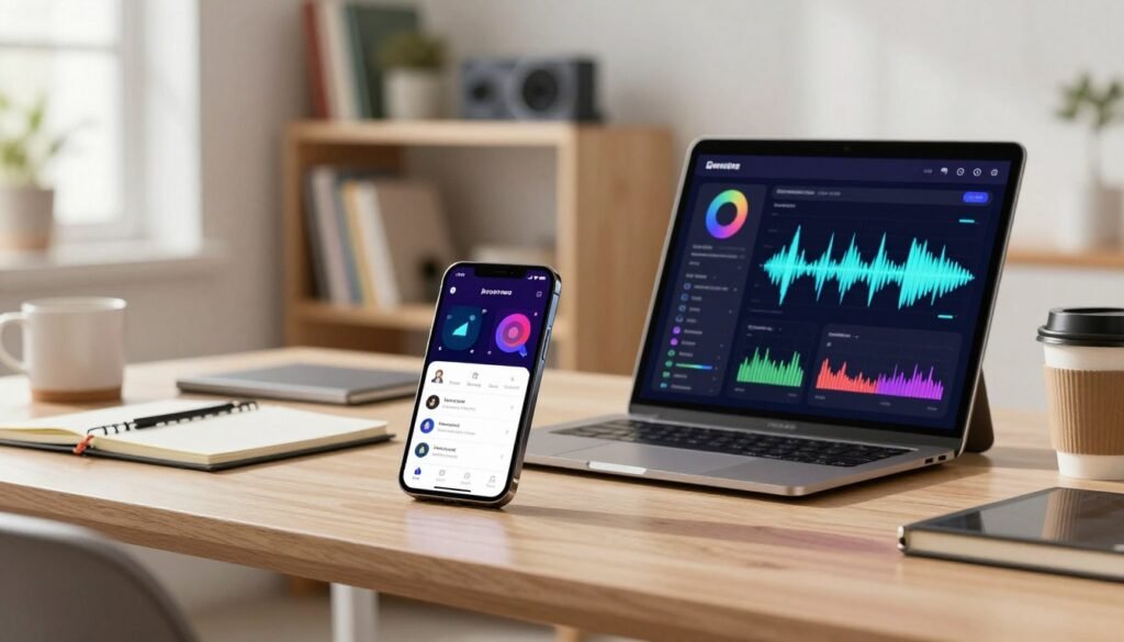 A modern workspace showcasing mobile applications for iOS and Android focused on speech speed control using AI technology. In the foreground, a sleek smartphone and a tablet display various application interfaces with colorful graphs and speech waveforms reflecting speed control features. The middle ground features a stylish desk accompanied by a laptop, a notepad, and a coffee cup, creating a professional and inviting atmosphere. In the background, soft-focus shelves with books and tech gadgets enhance the high-tech ambiance. The lighting is bright and natural, streaming through a nearby window, illuminating the scene with a warm and productive feel. The overall mood conveys innovation and practicality in technology.