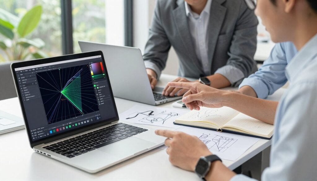 A modern workspace showcasing practical applications of Canny edge detection in AI projects. In the foreground, a laptop is open to a vibrant user interface, displaying a visual representation of edge detection results, blending intricate lines and shapes. To the side, a person in professional attire examines the output, engaged in a collaborative discussion with another colleague, who points to the screen, illustrating teamwork. In the middle ground, a clean, organized table is scattered with notebooks, sketches, and technical diagrams related to AI projects, suggesting an active brainstorming session. The background features a large window with natural light streaming in, accompanied by greenery outside, creating a bright and welcoming atmosphere. The overall mood is focused and innovative, highlighting the intersection of technology and creativity in a professional setting.